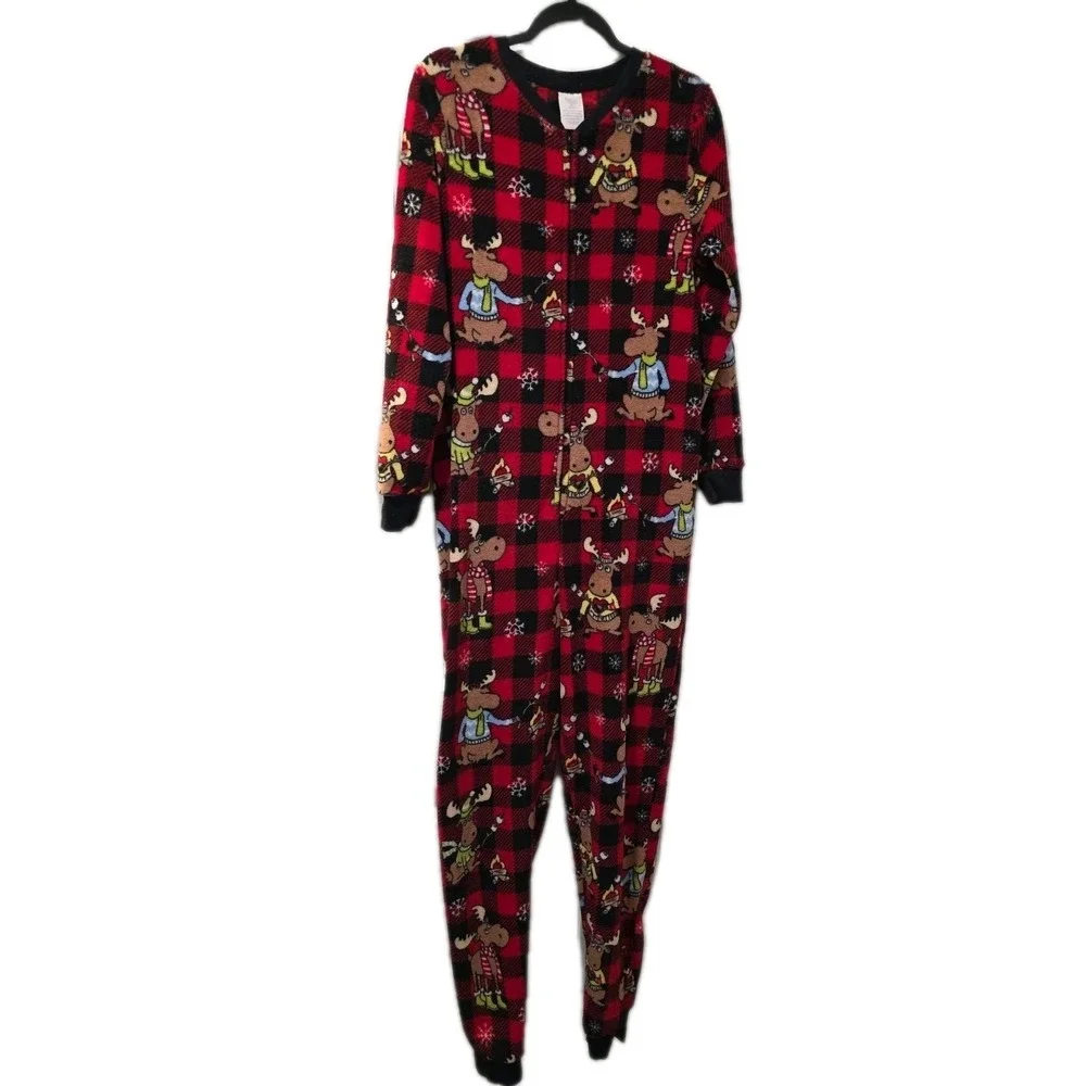 Womens Plush Red Moose‎ Christmas Funny Print Pajamas Sleeper Medium